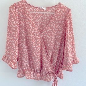Pink floral tie blouse